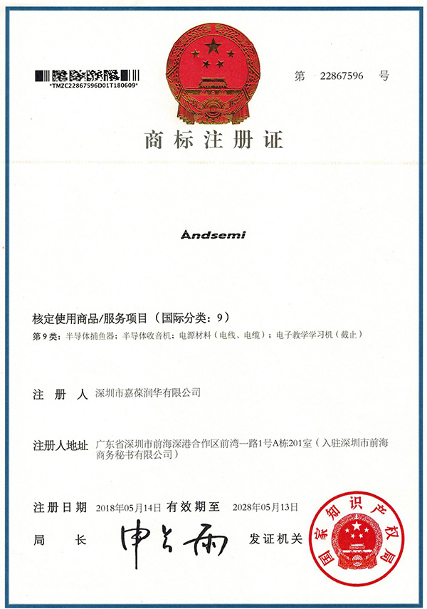ANDSEMI Trademark Registration Certificate